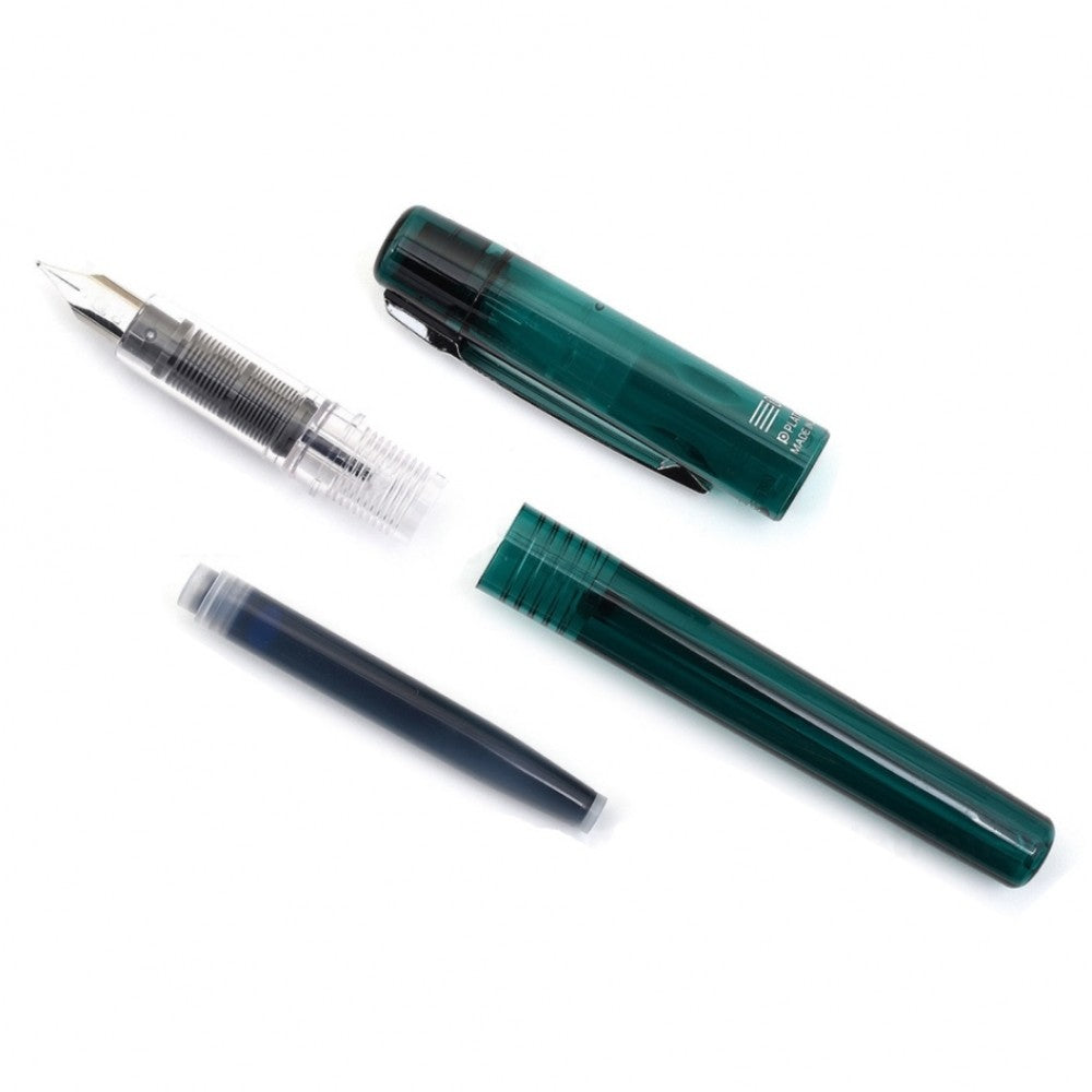 Platinum Prefounte Fountain Ink Pen With Stainless Steel Fine Nib, Translucent Dark Emerald Green Barrel, Cap, Blue-black Ink Cartridge Included, Slip And Seal Cap Design.