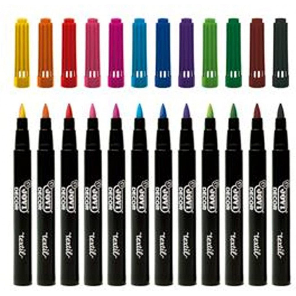 Jovi Decor Fabric Textile Marker, 4.8mm Brush Tip Pen, Water Based Ink, 12 Assorted Vibrant Colours, Ideal for Any Kind of Fabric DIY T-Shirts Project Handicrafts Art and Craft Kids Adults
