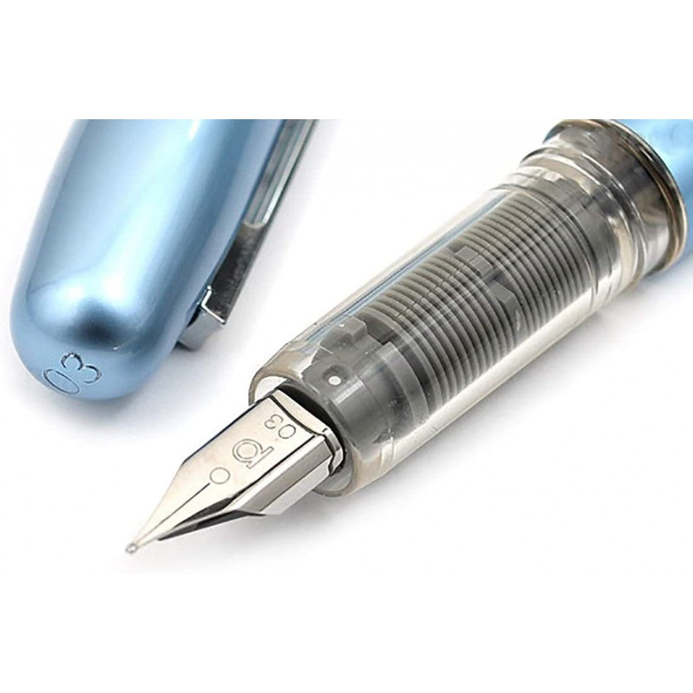 Platinum Plaisir Fountain Ink Pen With Ss Fine Nib, Frosty Blue Barrel, Cap, Anodized Aluminium Body With Shiny Surface, Black Ink Cartridge, Slip And Seal Cap Design.