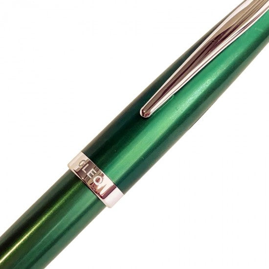Cleo Skribent Colour Fountain Ink Pen, Green Aluminum Anodized Barrel - Cap, Stainless Steel Medium Nib, Used with Converter - Cartridge, Chrome Plated Trims.