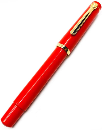 Scrikss 419 Legendary Fountain Ink Pen with Gold Plated Iridium Medium Nib - Trims Scratch Resistant Acrylic Glossy Red Barrel - Screw Cap, Piston Ink Filling System
