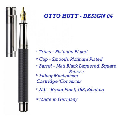 Otto Hutt Design 04 Fountain Ink Pen with Broad 18K Bicolour Nib, Square Pattern Matt Black Lacquered Barrel, Platinum Plated Cap and Trims, Brass Body, Cartridge - Converter Included