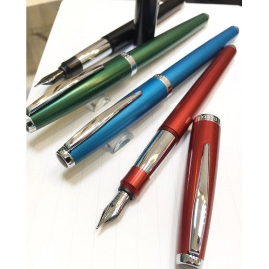 Cleo Skribent Colour Fountain Ink Pen, Black Aluminum Anodized Barrel - Cap, Matt Black Ruthenium Plated Nib, Used with Converter -Cartridge, Chrome Plated Trims
