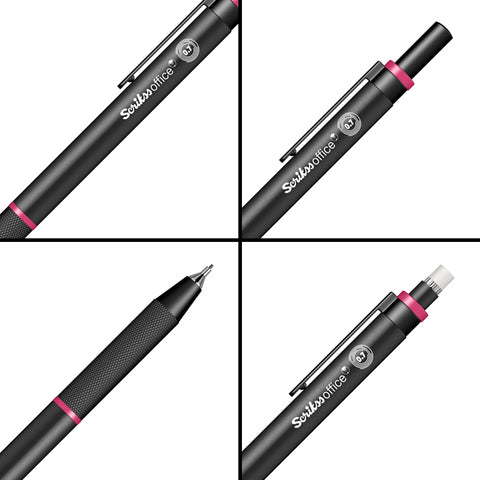 Scrikss Twist 0.7mm Mechanical Pencil with Lead, Matte Black Plated Aluminium Body, Mini Removable Sharpener, Push Mechanism, Retractile Function - Pink