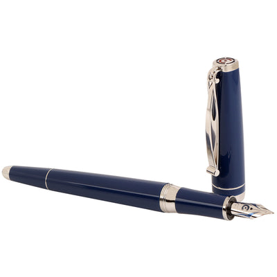 Cleo Skribent Broad Nib Fountain Ink Pen with Ink Pot, Blue Body of Precious Resin, Fine Platinum Plated Trims, Used With Cartridge- Converter, 18K Gold Rhodium Bicolour Nib