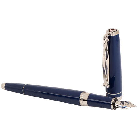 Cleo Skribent | Fountain Ink Pen With Ink Pot | 18K Gold Rhodium Bicolour Nib | Blue Body of Precious Resin
