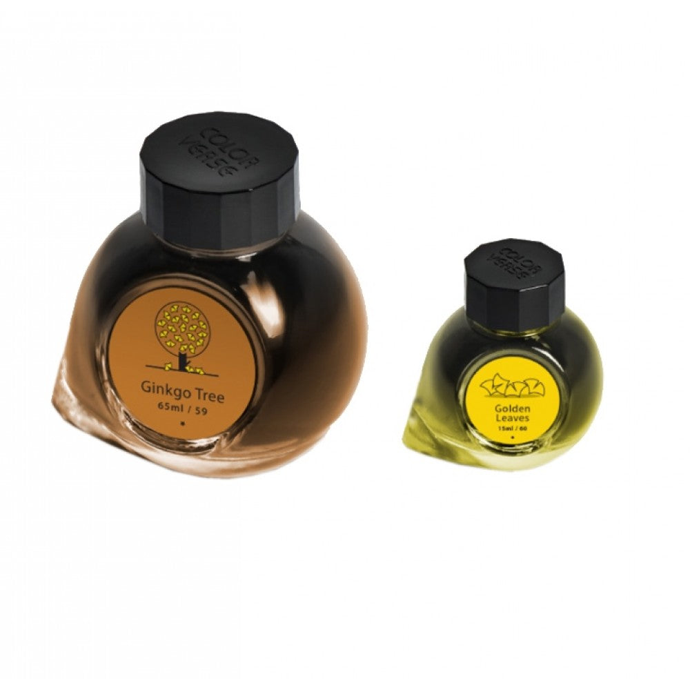 Colorverse Ginkgo Tree - Light Brown - Golden Leaves - Yellow- Fountain Pen Ink 59 - 60 Earth Edition, 65ml - 15ml - 2 Bottle Set, Dye-Based, Nontoxic, Made In Korea