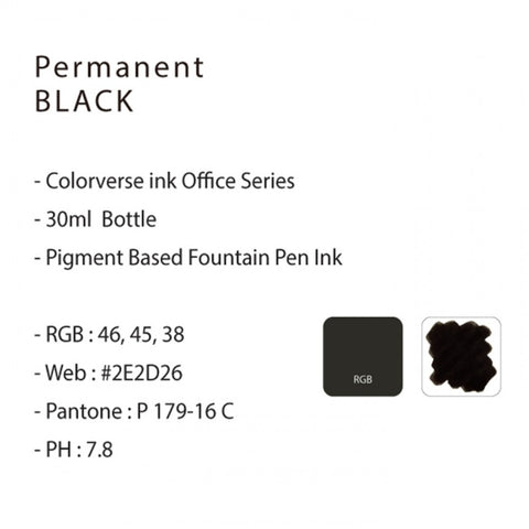 Colorverse Office Series Permanent Black Fountain Pen Waterproof Ink 30ml Classic Bottle Pigment Based Nontoxic, Made In Korea