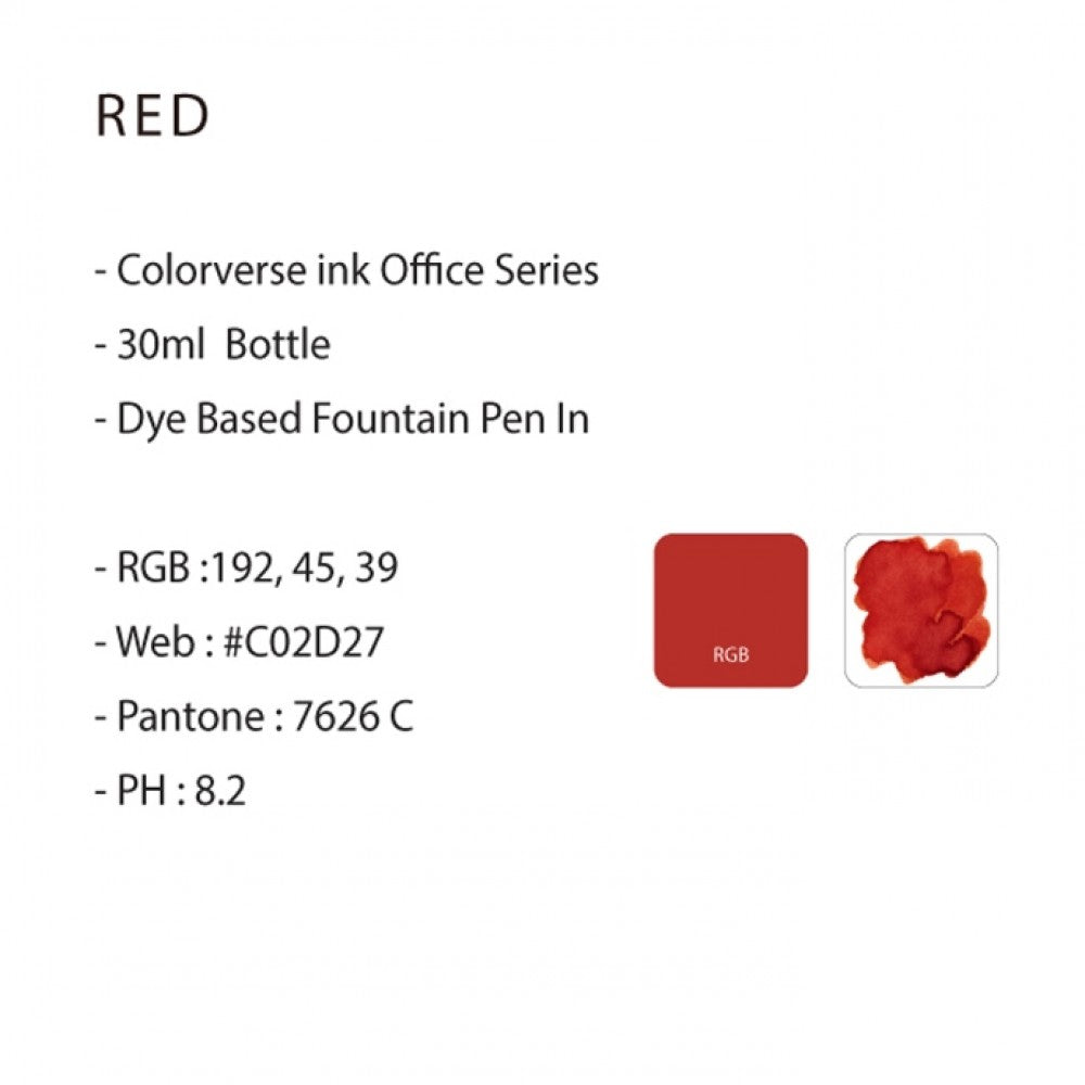 Colorverse Office Series 30ml Ink Bottle - Red Fountain Pen Ink, Dye Based, Nontoxic, Made In Korea