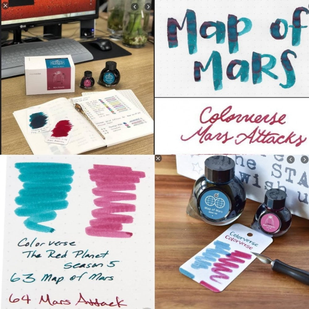 Colorverse Map Of Mars - Turquoise - Mars Attack - Burgundy - Fountain Pen Ink 63 - 64, Season 5, The Red Planet, 65ml - 15ml - 2 Bottle Set, Dye-Based, Nontoxic, Made In Korea