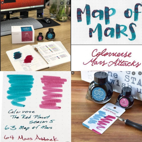 Colorverse Map Of Mars - Turquoise - Mars Attack - Burgundy - Fountain Pen Ink 63 - 64, Season 5, The Red Planet, 65ml - 15ml - 2 Bottle Set, Dye-Based, Nontoxic, Made In Korea