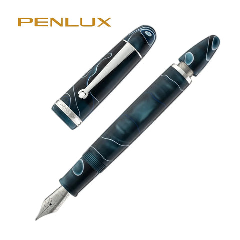 Penlux Masterpiece Grande Fountain Ink Pen | Blue Swirl Body | Piston Filling | Oversize Pen with No. 6 Jowo Nibs