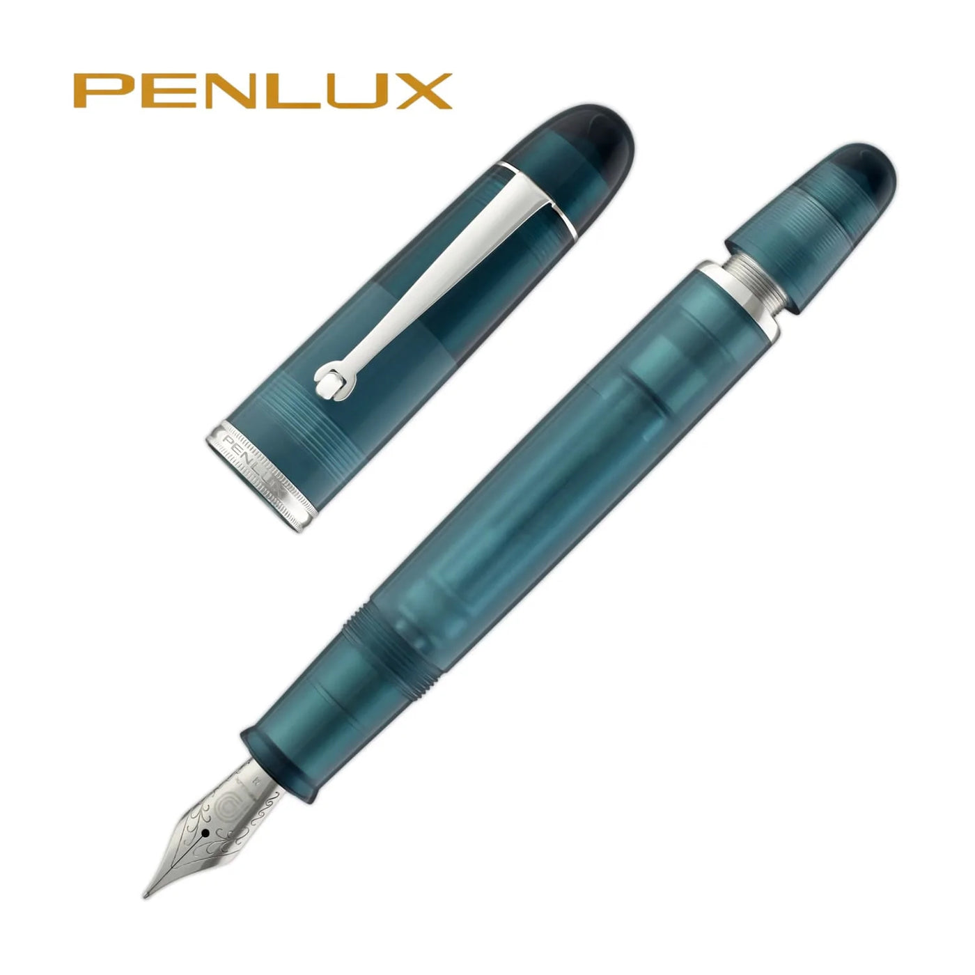 Penlux Masterpiece Grande Great Natural Fountain Ink Pen | Deepsea (Blue) Body | Piston Filling | Stainless Steel No. 6 Jowo Nibs